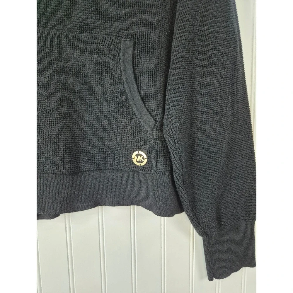 Michael Kors Black Waffle Knit Hoodie Gold Logo Pullover Cropped Sweater Medium